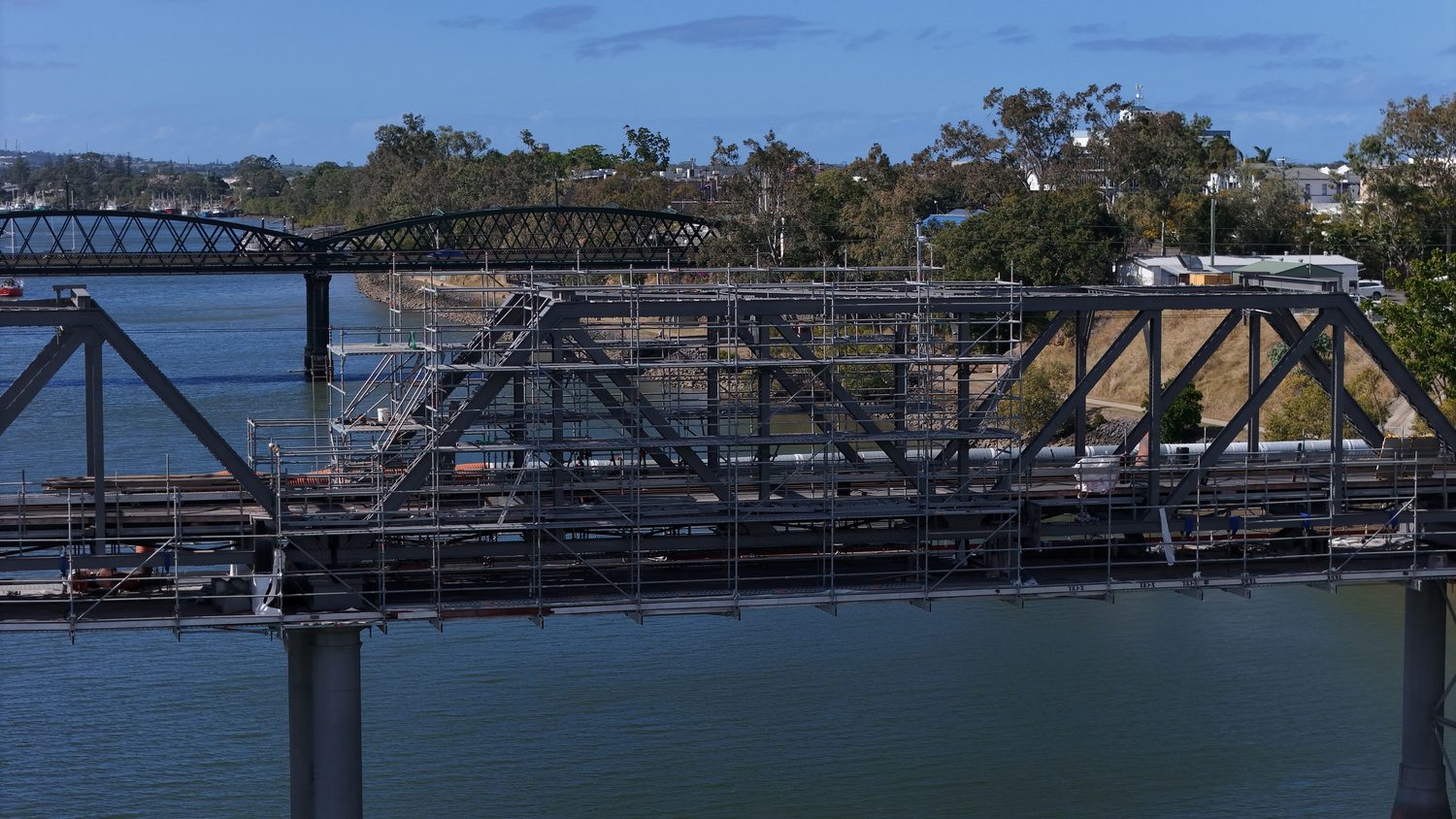 Elevation of the Burnett River rail bridge with painting works scaffolding in place