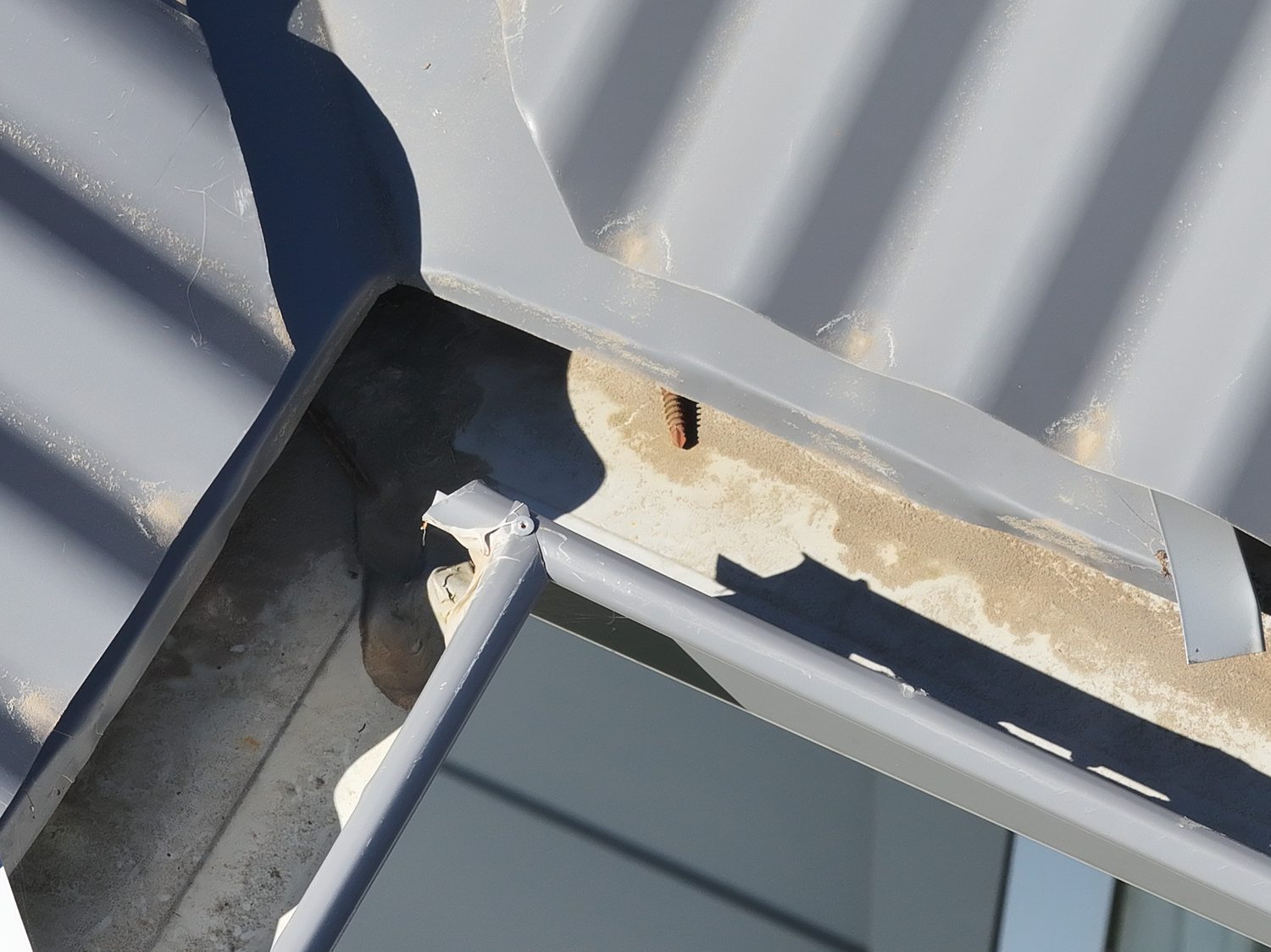 Corroded screw fastener standing proud of the capping at an eaves corner, with sediment staining on adjacent flashing