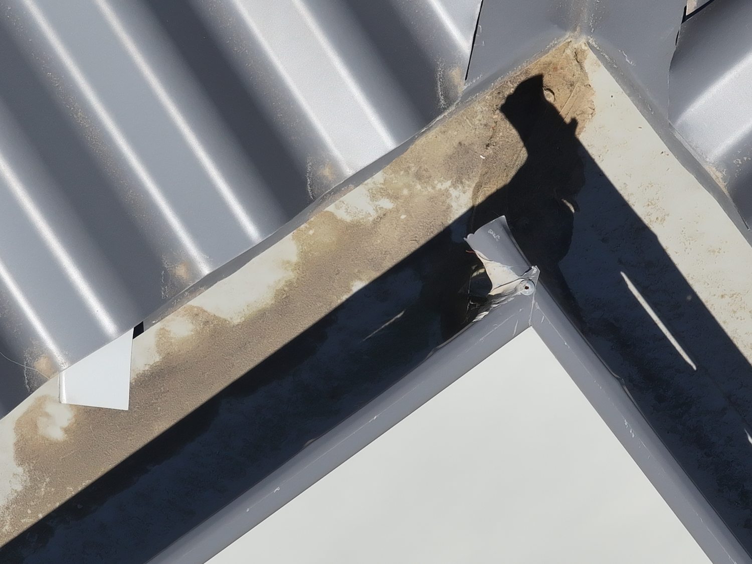 Sediment staining and a lifted mitre cover tab at an external eaves gutter corner, recorded during a drone roof inspection